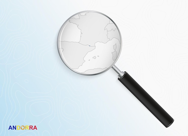 Magnifier with map of andorra on abstract topographic background.