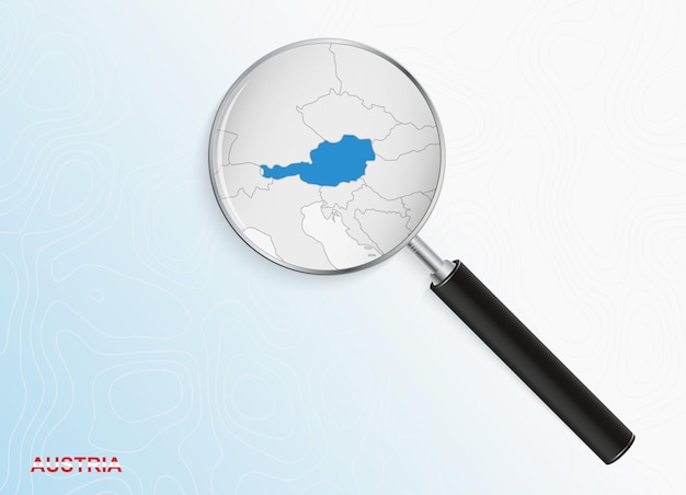 Vector magnifier with map of austria on abstract topographic background.