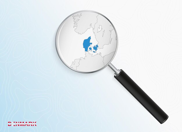 Vector magnifier with map of denmark on abstract topographic background.