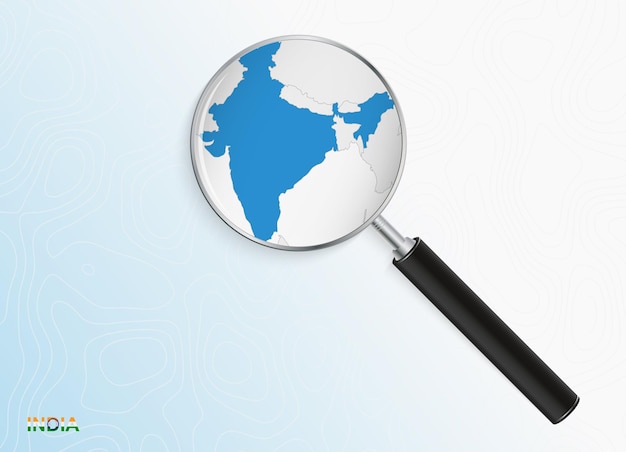 Magnifier with map of India on abstract topographic background.