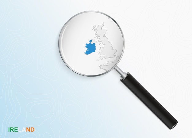 Lente d'ingrandimento con mappa dell'irlanda su sfondo topografico astratto.