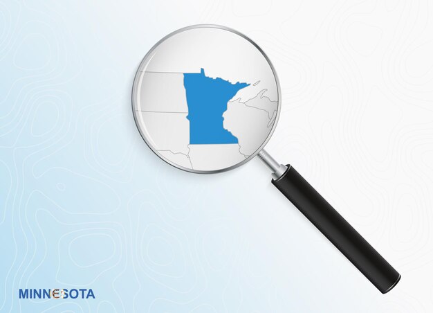 Lente d'ingrandimento con mappa del minnesota su sfondo topografico astratto