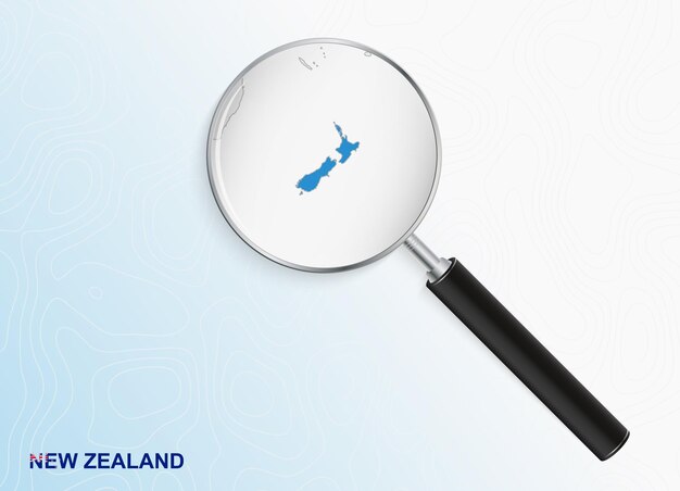 Vector magnifier with map of new zealand on abstract topographic background.