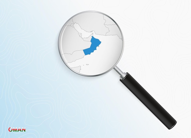 Lente d'ingrandimento con mappa dell'oman su sfondo topografico astratto