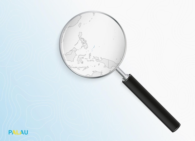 Vector magnifier with map of palau on abstract topographic background.