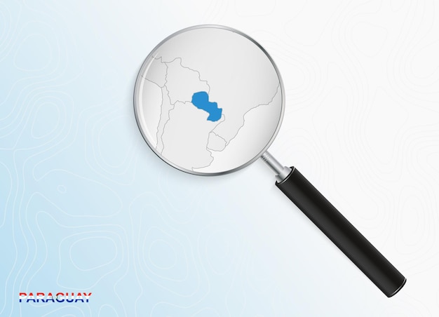 Vector magnifier with map of paraguay on abstract topographic background.