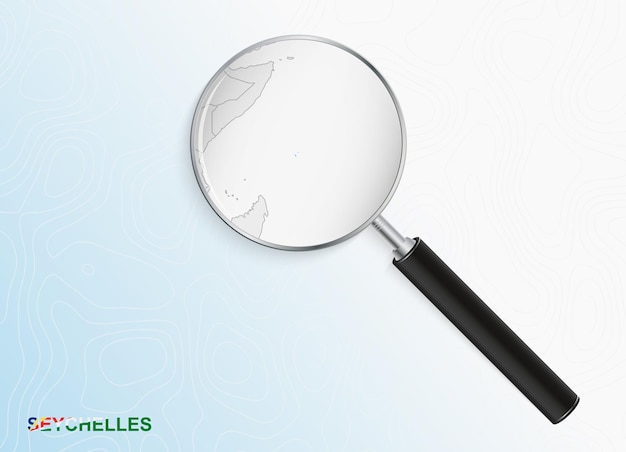 Magnifier with map of seychelles on abstract topographic background.