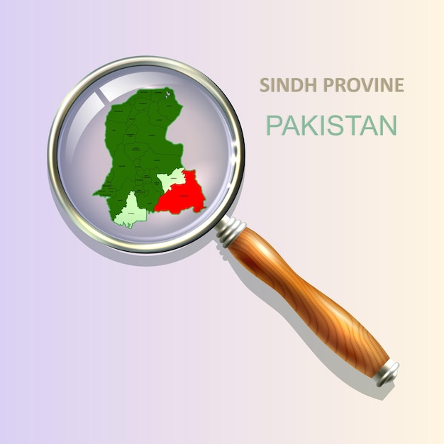 Лупа с картой Синда на абстрактном топографическом фоне провинции Пакистан