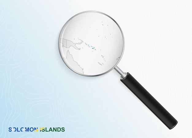 Vector magnifier with map of solomon islands on abstract topographic background.