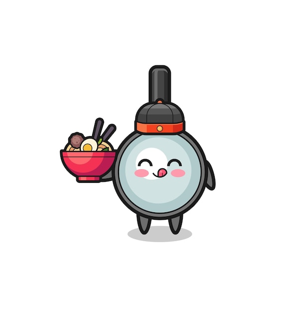 Vector magnifying glass as chinese chef mascot holding a noodle bowl