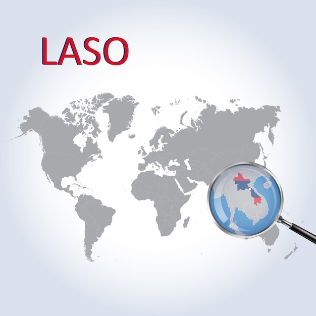 Увеличительное стекло на карте мира LASO Zoom Карта LASO с градиентным фоном и флагом LASO