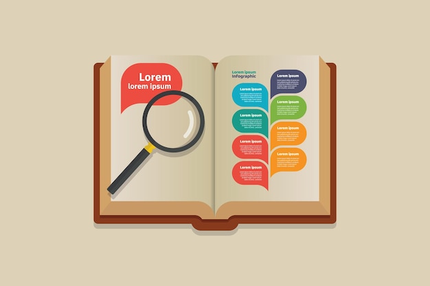 Magnifying glass on open book infographic