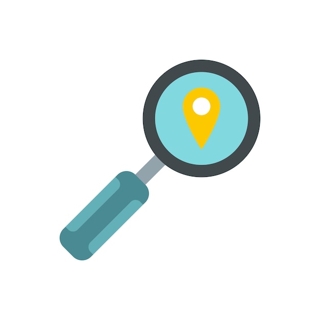 Magnifying glass over pin pointer icon in flat style on a white background