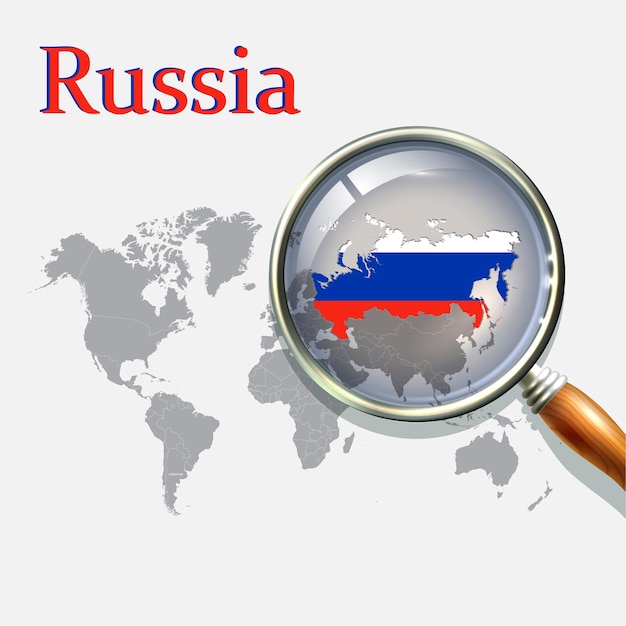 A Magnifying Glass on Russia of the World Map Zoom Russia map with gradient background