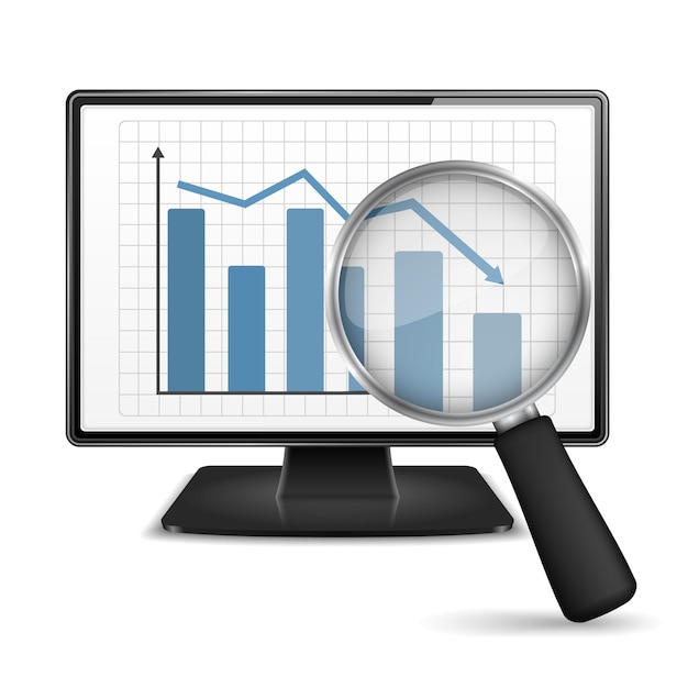 Magnifying glass showing falling bar graph on the screen of a computer vector eps10 illustraton