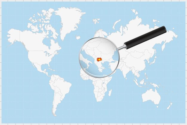 Vector magnifying glass showing a map of north macedonia on a world map