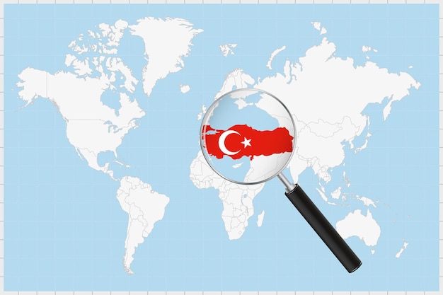 Vector magnifying glass showing a map of turkey on a world map