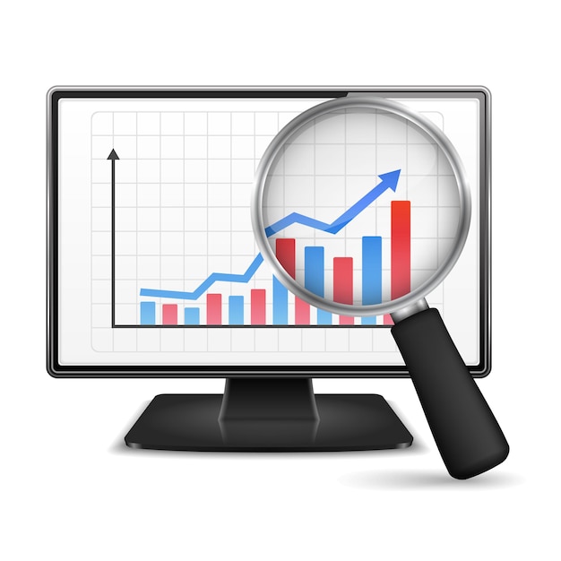 Magnifying glass showing rising bar graph with arrow on the screen of computer monitor vector eps10 illustration