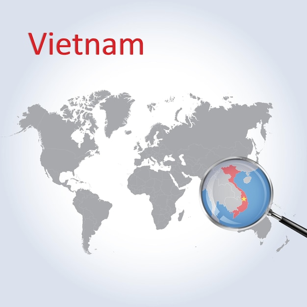 世界地図のベトナムを拡大鏡でズームする ベトナムの地図の旗とグラディエントの背景