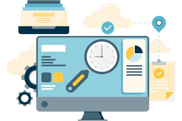 Vector magnifying glass and wall clock on computer monitor business presentation schedule