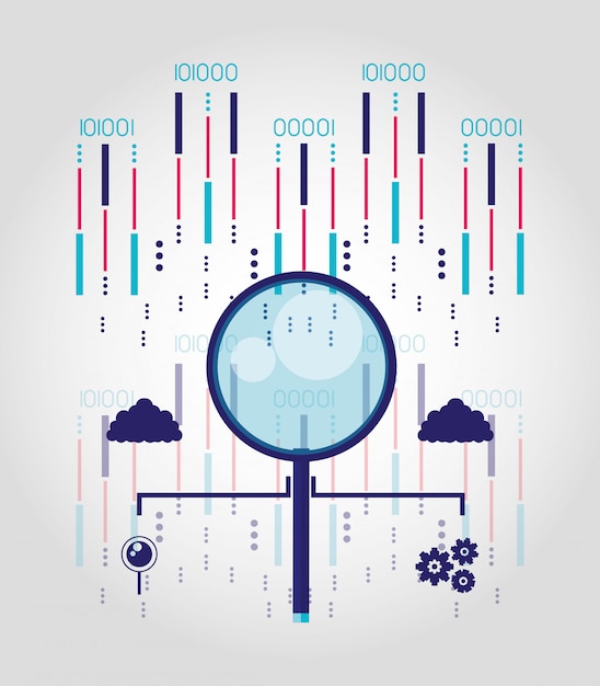 Vector magnifying glass with data center and circuits