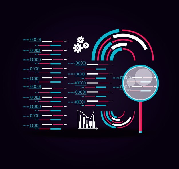 Magnifying glass with data center and circuits