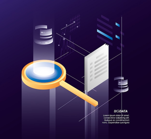 Magnifying glass with data center icons