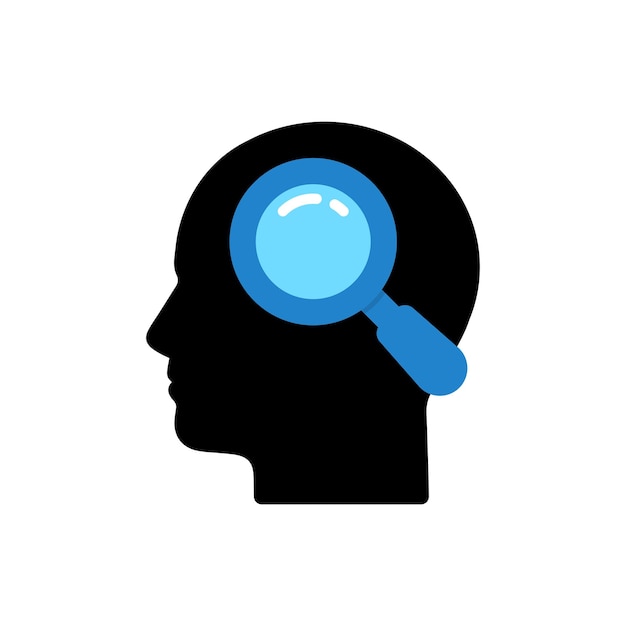 人間の潜在意識の内部精査の白い概念に分離された洞察力アイコン フラット漫画シンプルな神経科学ロゴタイプ グラフィック アート ピクトグラム デザイン web 要素のような頭を持つ虫眼鏡