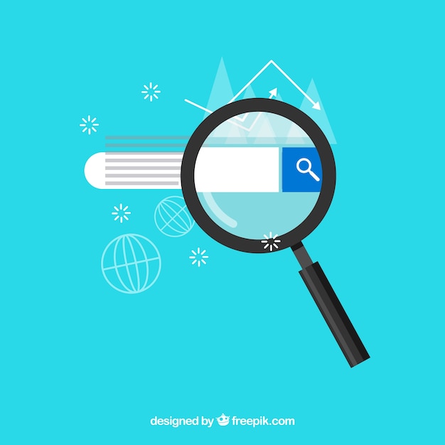 Vector magnifying glass with searcher in flat style