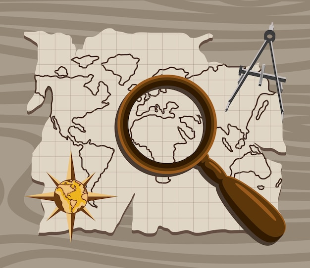 Vector magnifying glass and world map