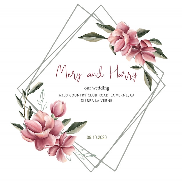 結婚式のカードのためのマグノリア花結婚式招待状、日付と葉を保存