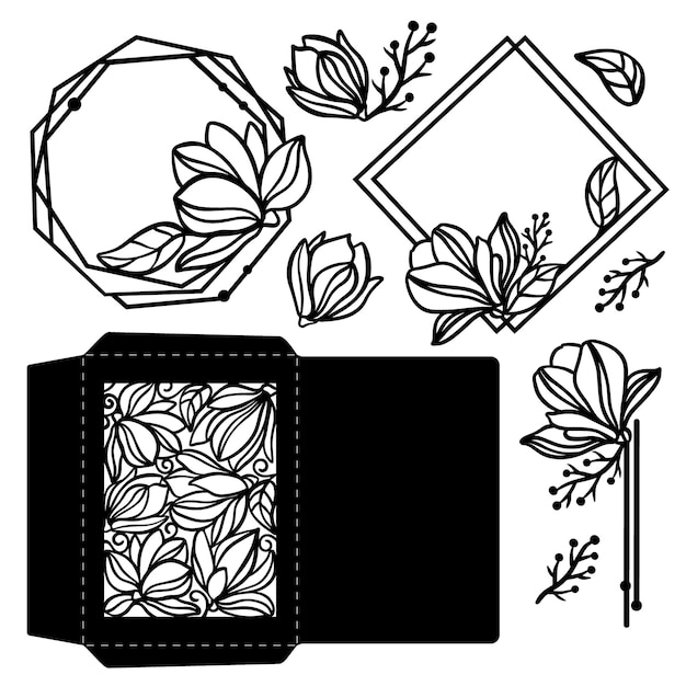 Magnolia flower envelope monochrome holiday collection from bouquets and greeting openwork frames for cutting and print clipart vector illustration set