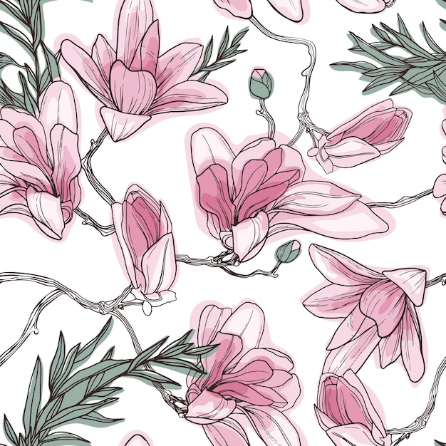 Magnolia flowers on a twig. seamless floral pattern. hand drawn. good for wallpaper, textile design.