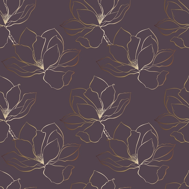 Motivo magnolia, contorno fiori gradiente oro e sfondo scuro.