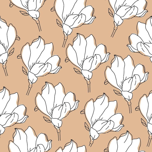 Magnolia pattern in hand drawn style with black outline