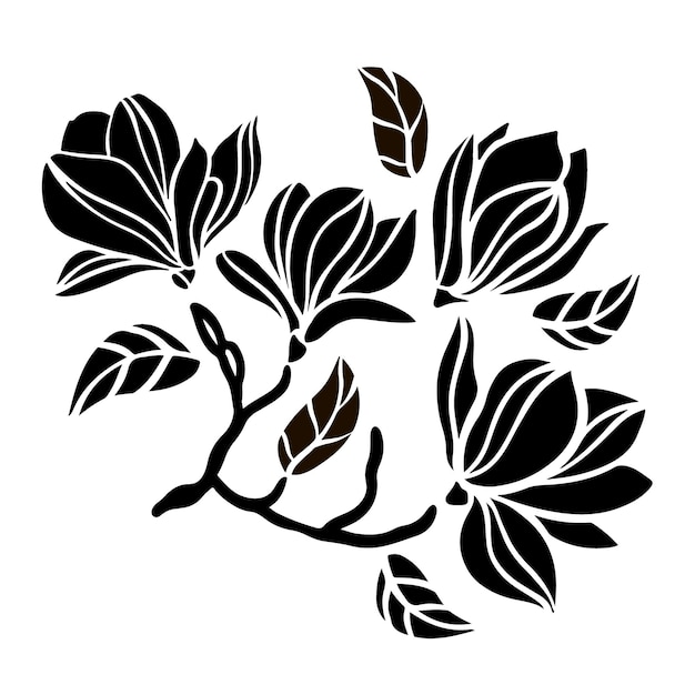 MAGNOLIA TAK Floral Opengewerkte Contouren Van Boomtak Met Monochroom Silhouet Van Zwarte Bloemen Schets Op Witte Achtergrond Clipart Vector Illustratie Set