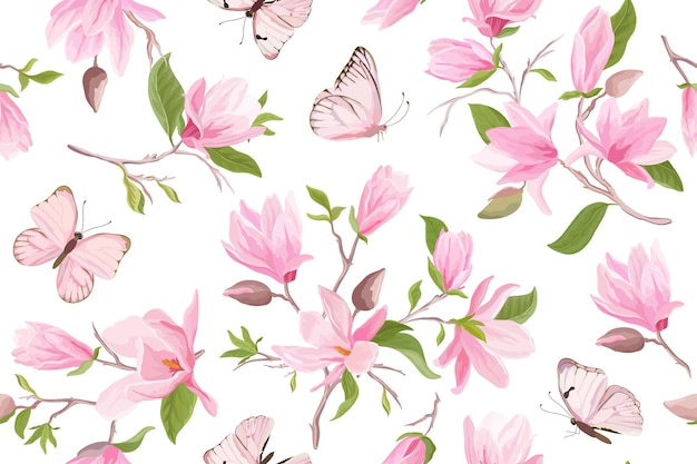 Magnolia watercolor floral seamless vector pattern. butterflies, summer magnolia flowers, leaves, blossom background. spring wedding japanese wallpaper, for fabric, prints, invitation, backdrop, cover