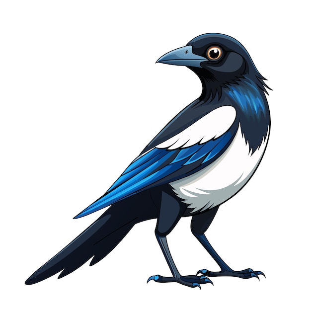 magpie cartoon flying bird beautiful character of ornithology of crow with white feathers