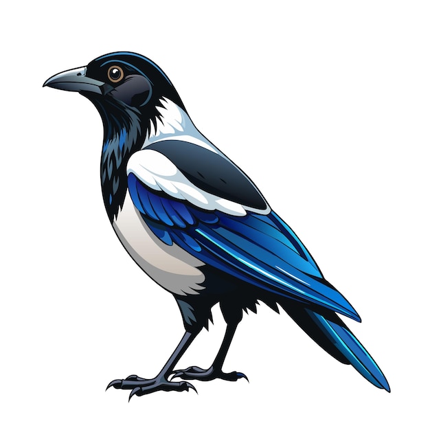 Vector magpie cartoon flying bird beautiful character of ornithology of crow with white feathers