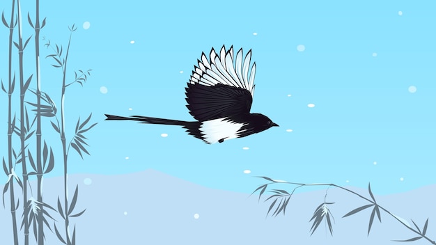 Magpie flying past bamboo in snowy weather. wildlife, mountain range, snow-covered bamboo. wallpaper