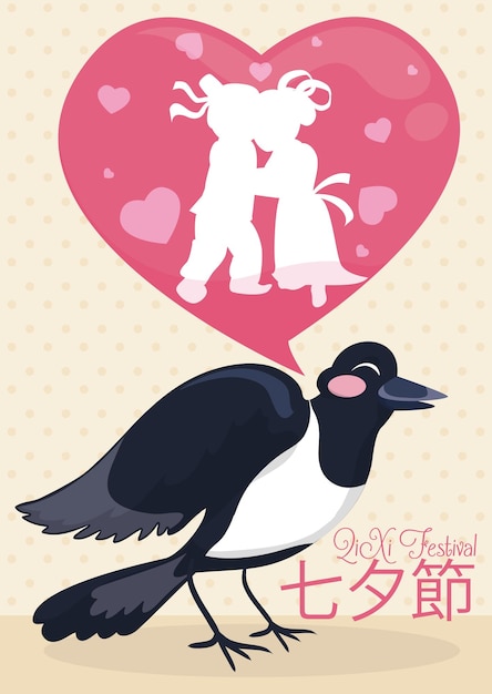 Magpie singing the lovers story during Qixi Festival in cartoon style