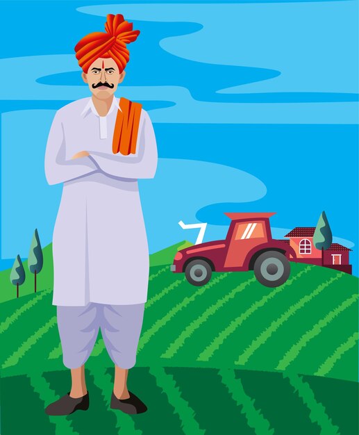 Махараштанский человек с фетой и тилаком, стоящий на ферме