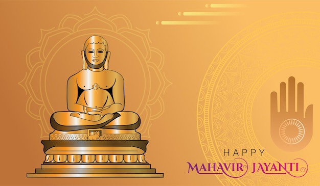 Mahavir Jayanti-groetontwerp met Lord Mahavir Gold-standbeeldillustratie en Mandala-kunst