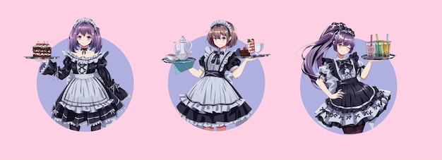 Maid cafe girls in uniforms round vector avatars set