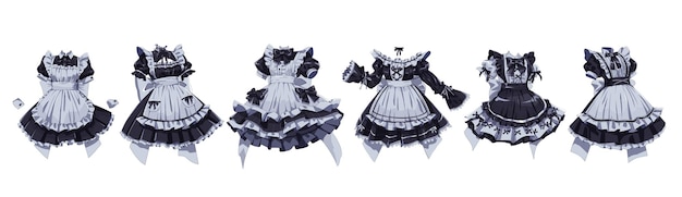 Maid cafe uniform dresses color vector illustration set