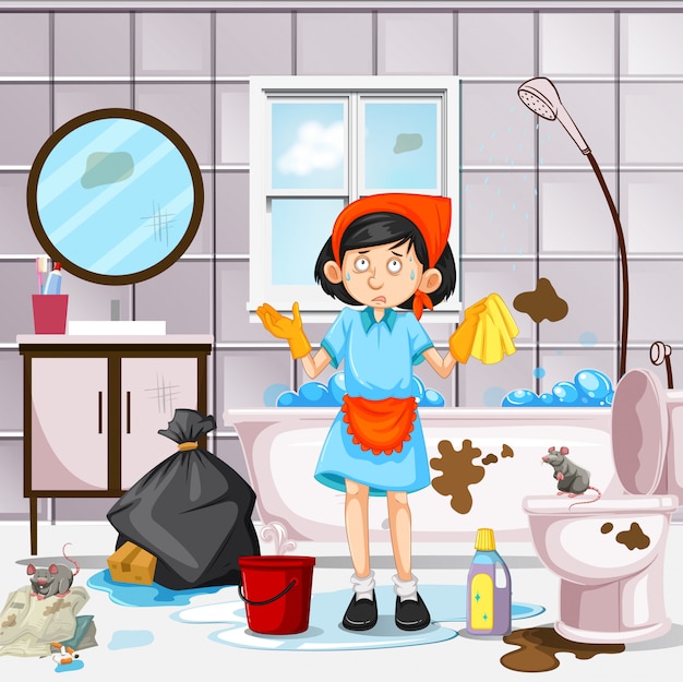 A maid cleaning dirty bathroom