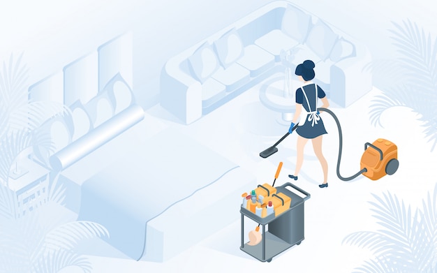 Maid hotel room cleaning service illustration