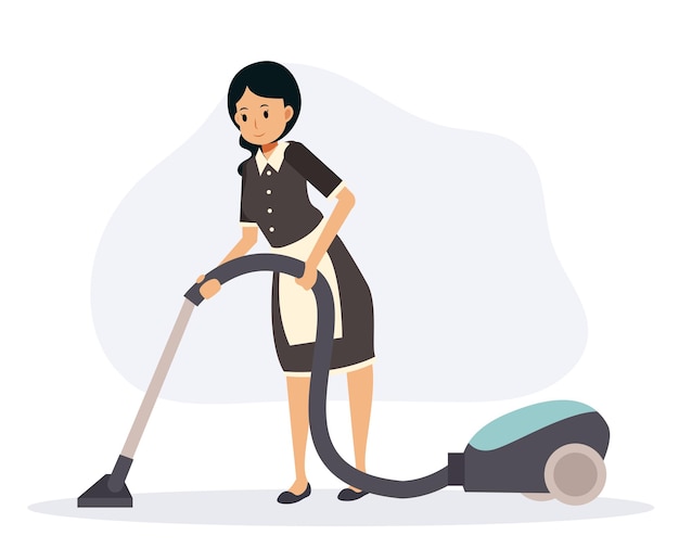 メイドは掃除機で床を掃除していますフラットベクトル漫画のキャラクター