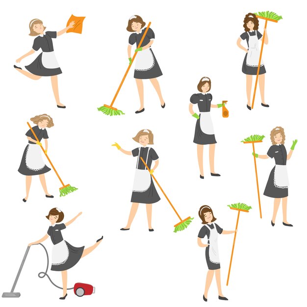 Vector maid posing in different situations set.   illustration in flat cartoon style