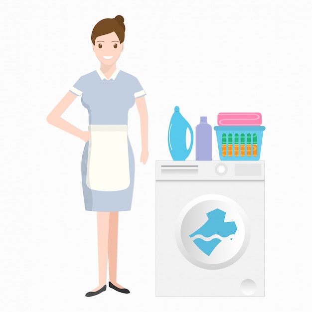 Maid with washing machine, detergent and fabric